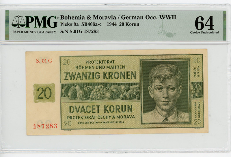 Bohemia & Moravia 20 Korun 1944 PMG 64
P# 9a, N# 207306; # S.01G 187283