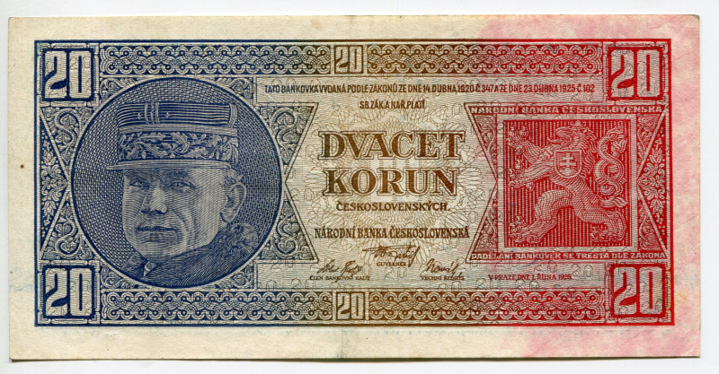 Czechoslovakia 20 Korun 1926
P# 21, N# 222207; # Pf 597583; VF