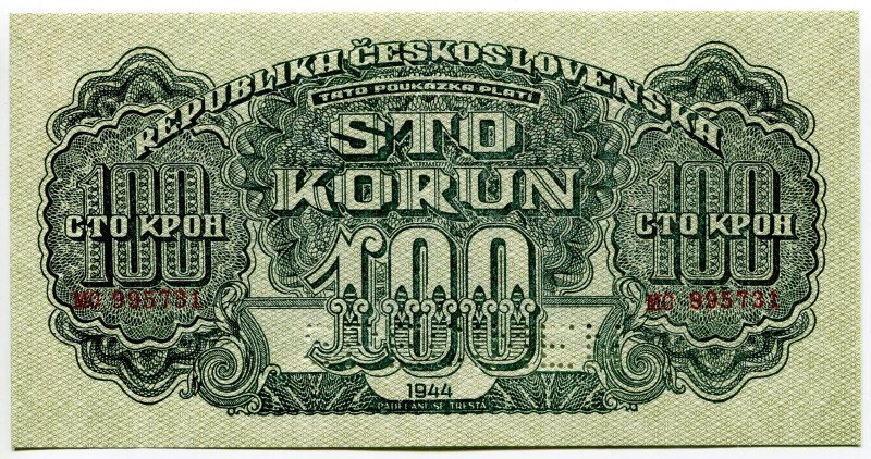 Czechoslovakia 100 Korun 1944 Specimen
P# 48s, N# 226578; #995731; AUNC+