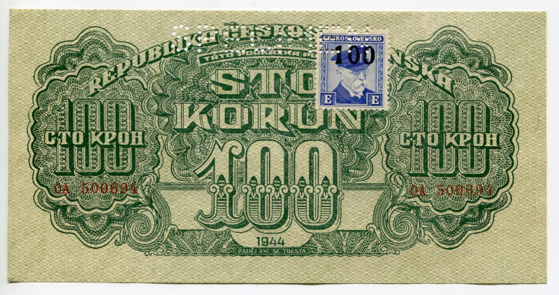 Czechoslovakia 100 Korun 1945 (ND) Specimen
P# 53s, N# 285787; # OA 500694; Blu...