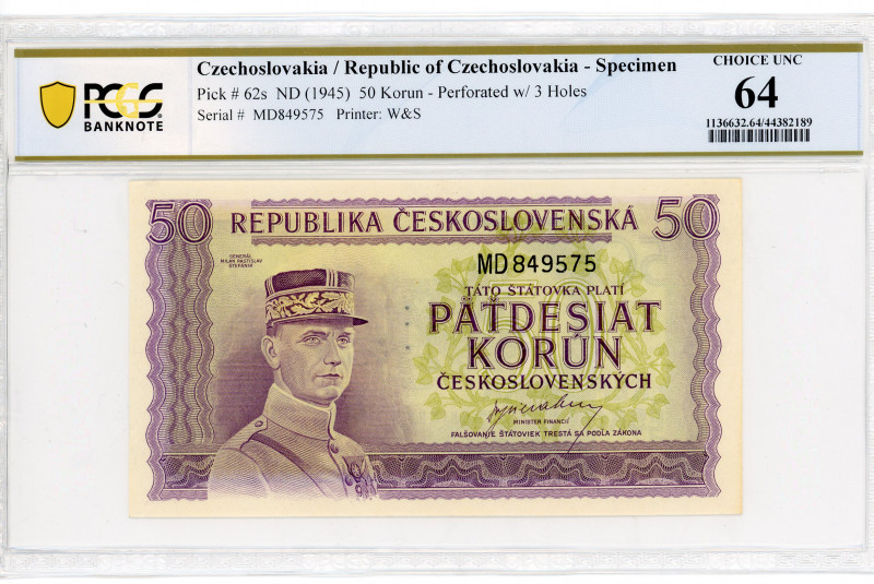 Czechoslovakia 50 Korun 1945 (ND) Specimen PCGS 64
P# 62s, N# 213067; # MD84957...