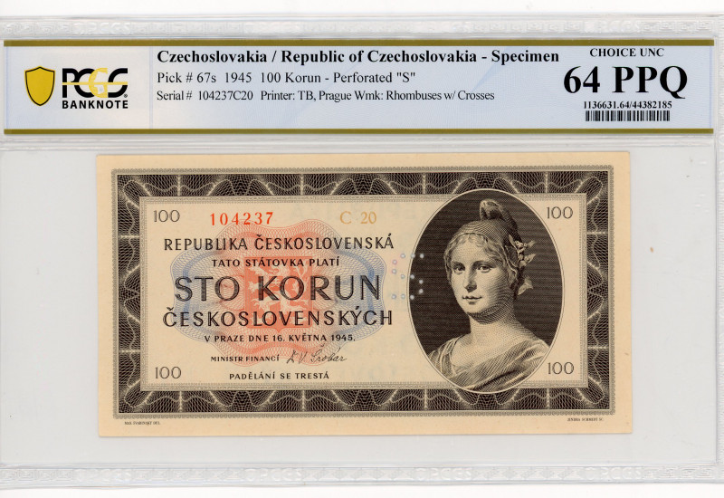 Czechoslovakia 100 Korun 1945 Specimen PCGS 64
P# 67s, N# 207320; # 104237C20