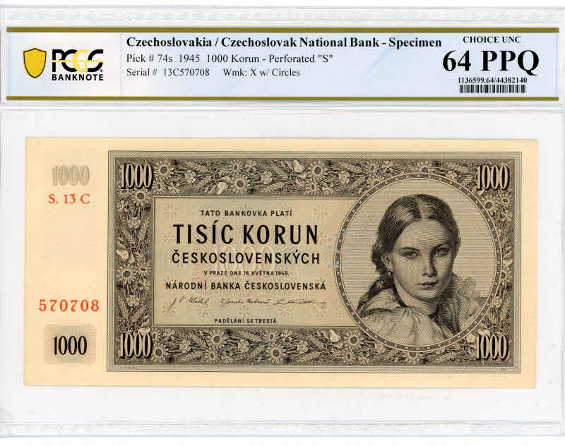 Czechoslovakia 1000 Korun 1945 Specimen PCGS 64
P# 74s, N# 207311; # 13C570708