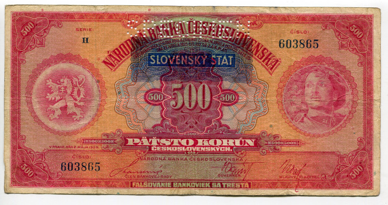 Slovakia 500 Korun 1929 (1939) Specimen
P# 2s, N# 277696; # H 603865; VF-