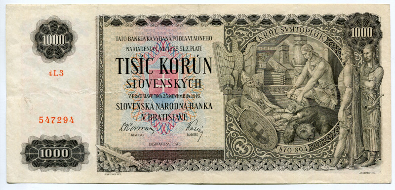 Slovakia 1000 Korun 1940
P# 13a, N# 246409; # 4L3 547294; VF+