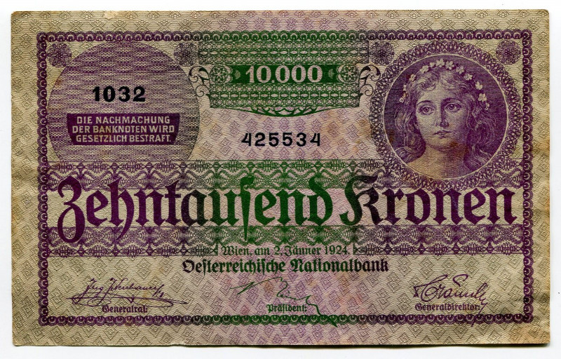 Austria 10000 Kronen 1924
P# 85; # 1032 425534; VF-XF