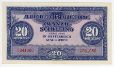 Austria 20 Schilling 1944 Allied Occupation - WW II
P# 107, N# 218501; # D/41 041080; UNC