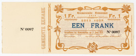Belgium Eename 1 Franc 1914 Emergency Issue
# 0097; Remainder; AUNC with pinholes