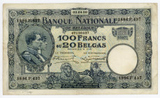 Belgium 100 Francs / 20 Belgas 1930
P# 102, N# 208669; # 1886.F.437; VF
