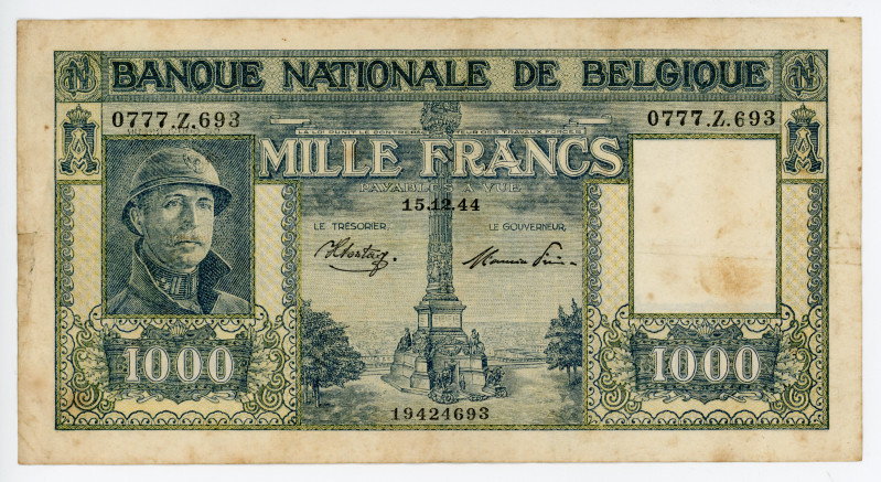 Belgium 1000 Francs 1944
P# 128b, N# 212077; #0777.Z.693; VF