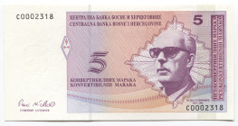 Bosnia & Herzegovina 5 Convertible Maraka 1998
P# 62a, N# 216547; #С0002318; Cyrillic bank name and denomination as top line; UNC