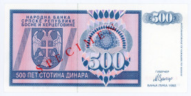 Bosnia & Herzegovina 500 Dinara 1992 Specimen
P# 136s, N# 211336; # AA0000000; UNC