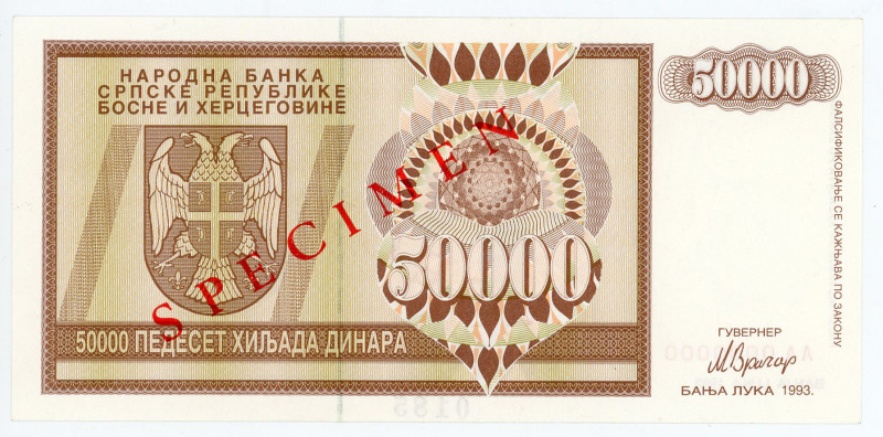 Bosnia & Herzegovina 50000 Dinara 1993 Specimen
P# 140s, N# 211332; # AA0000000...