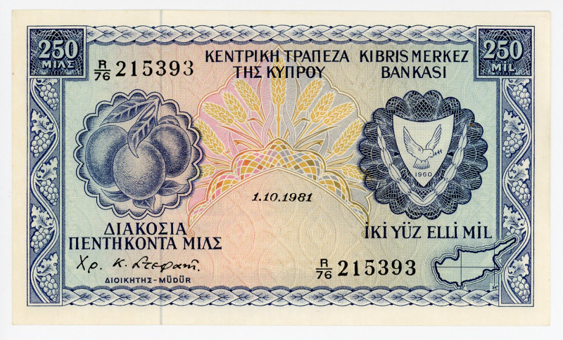 Cyprus 250 Mils 1981
P# 41c, N# 202516; # P/76 215393; AUNC