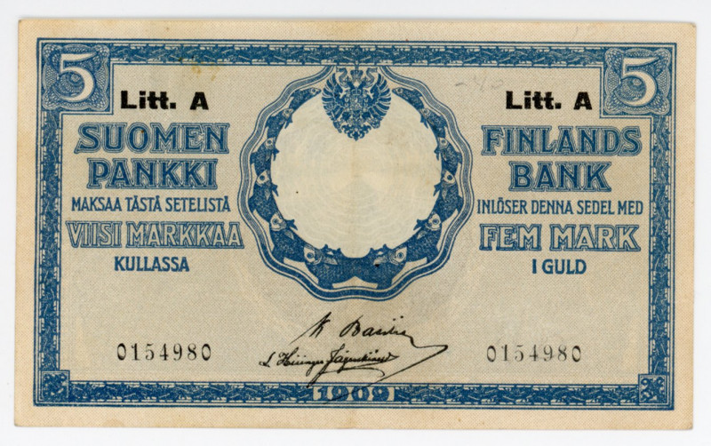 Finland 5 Markkaa 1909 (1918) (ND)
P# 24a; # A 0154980; VF+