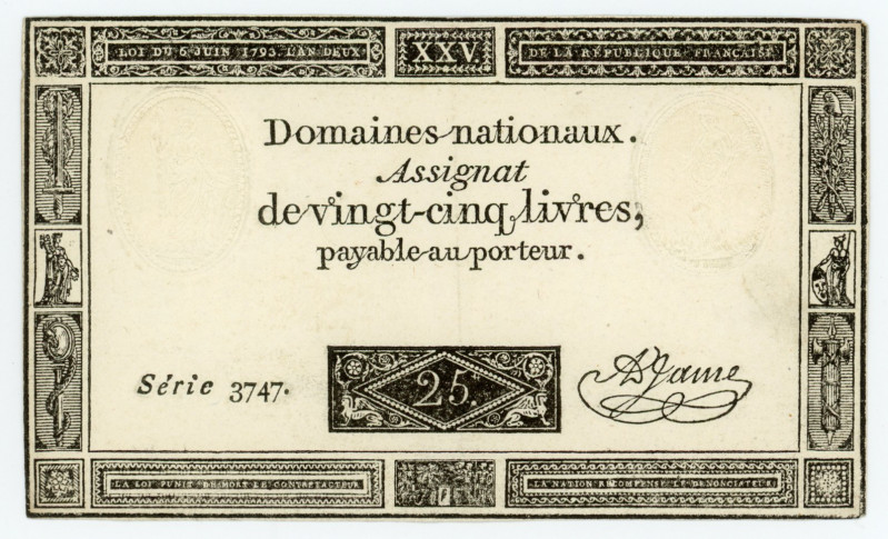 France 25 Livres 1793
P# A71, N# 211790; Serie 3747; 1st Republic; XF