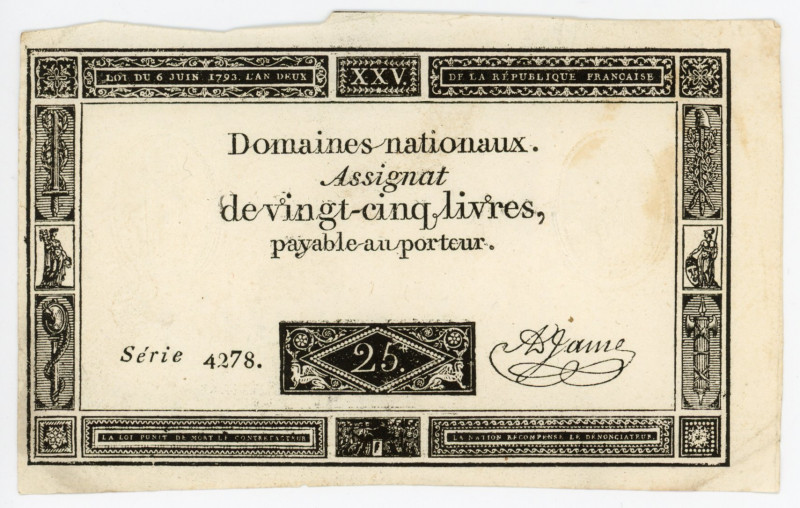 France 25 Livres 1793
P# A71; Lafaurie# 168; Serie 4278; 1st Republic; VF-XF