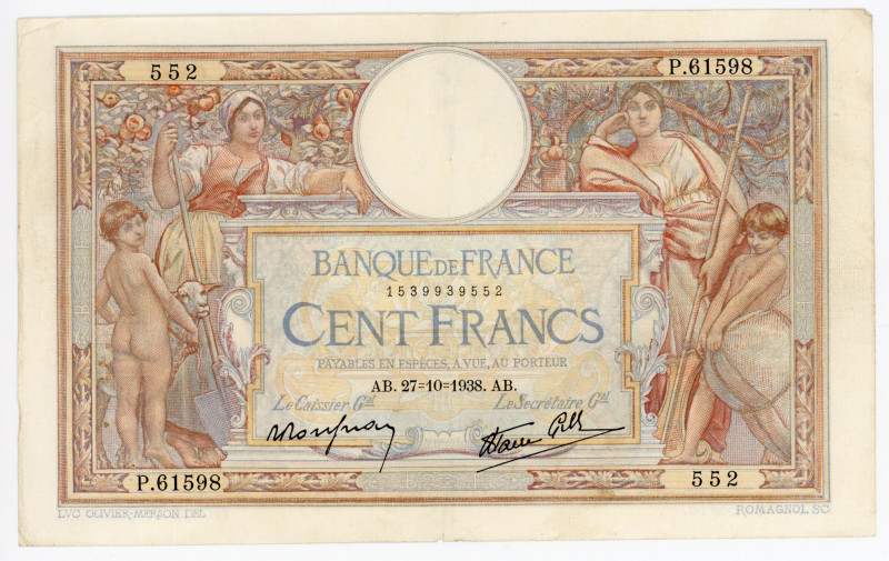 France 100 Francs 1938
P# 86b; Fay# 25/33, N# 206023; # P.61598 552; VF-XF