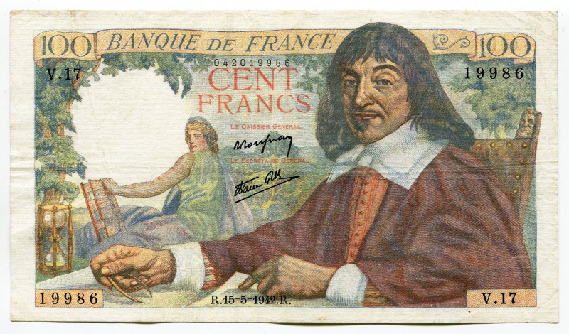 France 100 Francs 1942
P# 101a, N# 206014; #19986; VF-XF