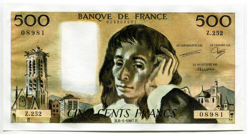 France 500 Francs 1987
P# 156f, N# 204961 #08981; UNC