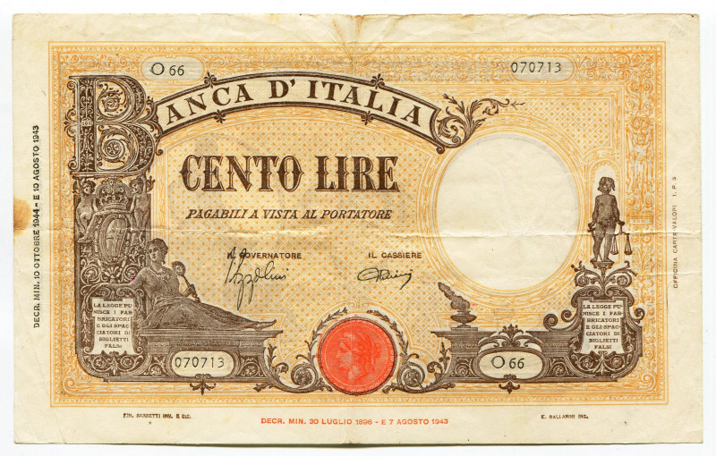 Italy 100 Lire 1944
P# 67a, N# 217501; VF