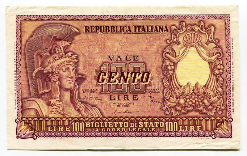 Italy 100 Lire 1951
P# 92b, N# 213380; XF-AUNC