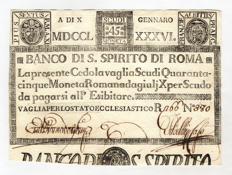 Italy Roma 45 Scudi 1786
P# S419, Nice condition; VF-XF