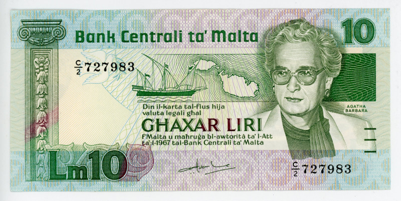 Malta 10 Liri L.1967 (1994)
P# 39a, N# 217295; #C/2 727983; A. Barbara at right...