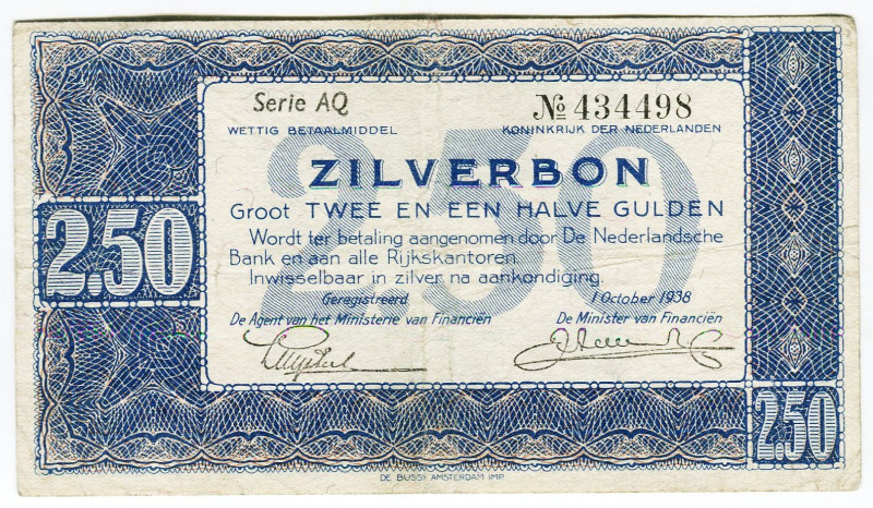 Netherlands 2-1/2 Gulden 1938 Silver Voucher
P# 62, N# 205980; # 434498 Serie A...