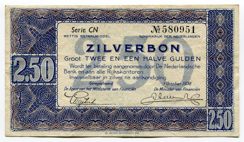 Netherlands 2-1/2 Gulden 1938 Silver Voucher
P# 62, N# 205980; # CN 580951; XF-