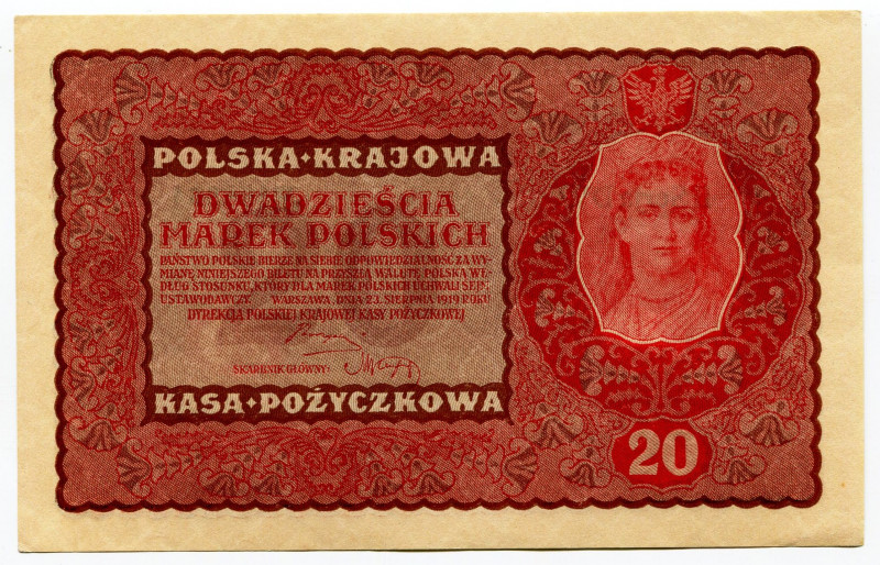 Poland 20 Marek 1919
P# 26, N# 208269; II Series DW # 408964; AUNC