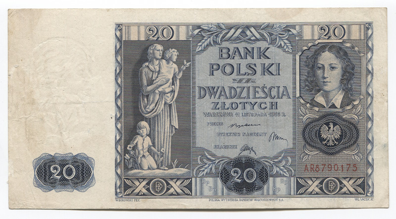 Poland 20 Zlotych 1936
P# 77, N# 207507; #AR8790175; VF-XF