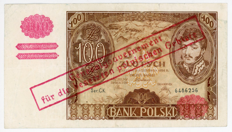 Poland 100 Zlotych 1934 Overprint German Occupation
P# 90; # C.K. 6486256; VF-