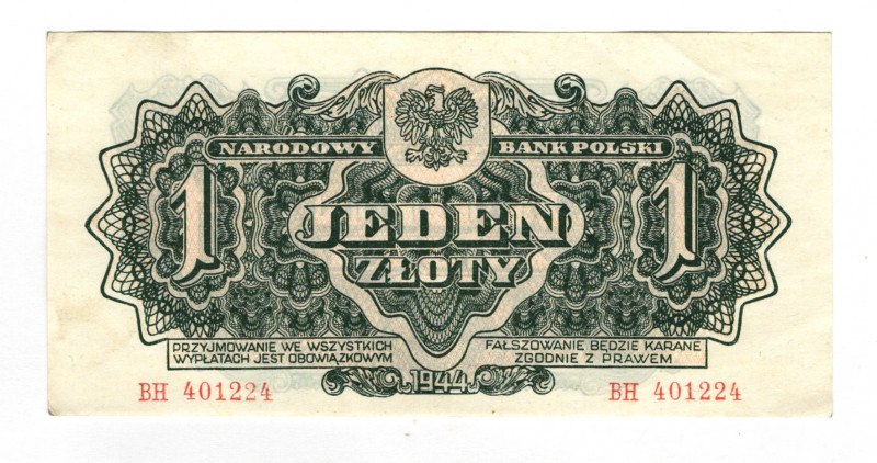 Poland 1 Zloty 1944
P# 105a, N# 207476; # BH401224; XF