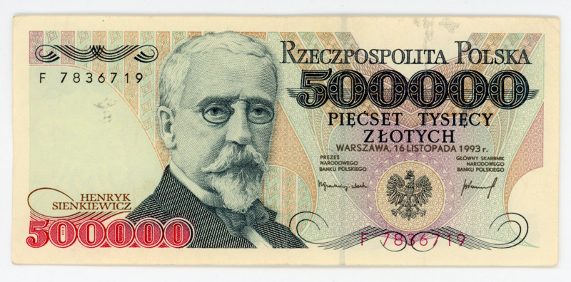 Poland 500000 Zlotych 1993
P# 161a, N# 206783; # F 7836719; XF-