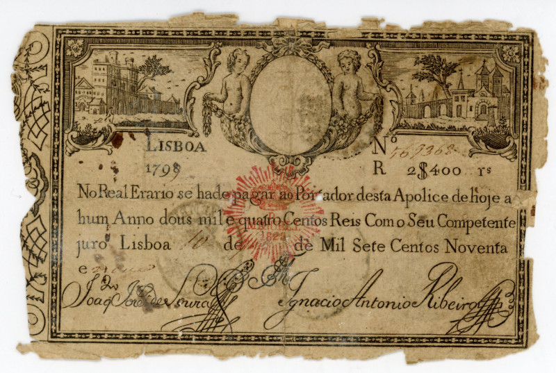 Portugal 2400 Reis 1799 (1828)
P# 34a; # 569368; G-VG