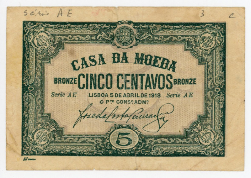 Portugal 20 Centavos 1918
P# 97, N# 219341; Series AE; VF-