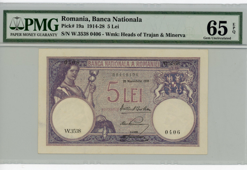 Romania 5 Lei 1928 PMG 65
P# 19a, N# 209806; # W.3538 0406