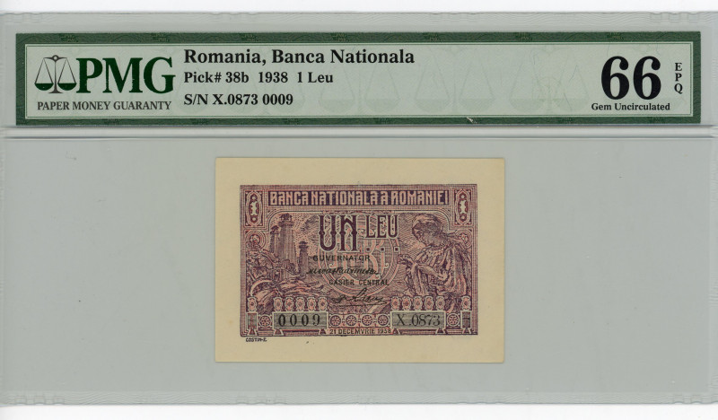 Romania 1 Leu 1938 PMG 66
P# 38b, N# 207189; # X.0873 0009