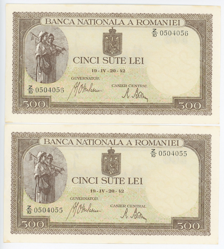 Romania 2 x 500 Lei 1942 With Consecutive Numbers
P# 51a, N# 205744; # Z/10 050...