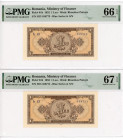 Romania 2 x 1 Leu 1952 With Consecutive Numbers PMG 66 & 67
P# 81b, N# 208403; # H13 458773 - H13 458774