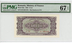 Romania 3 Lei 1952 PMG 67
P# 82a, N# 209837; # K10 081478