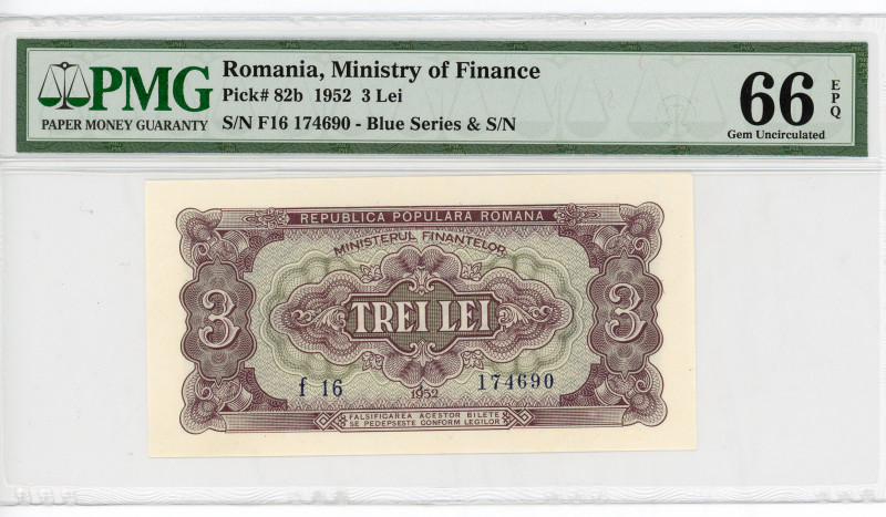 Romania 3 Lei 1952 PMG 66
P# 82b, N# 209837; # F16 174690