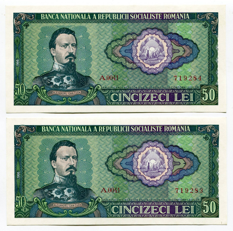 Romania 2 x 50 Lei 1966 With Consecutive Numbers
P# 96a, N# 205770; #719283 - 7...