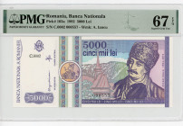 Romania 5000 Lei 1992 PMG 67
P# 103a, N# 206882; # C.0002 000557