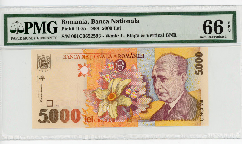 Romania 5000 Lei 1998 PMG 66
P# 107a, N# 204592; # 001C0652593