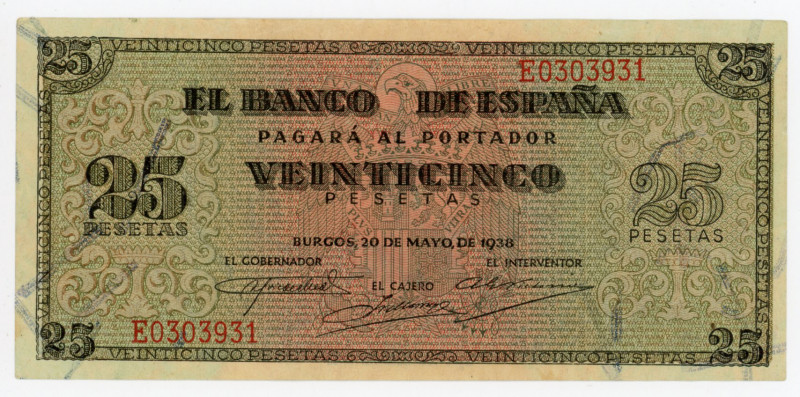 Spain 25 Pesetas 1938
P# 111a, N# 240298; # E0303931; XF-AUNC