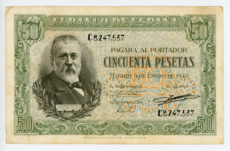 Spain 50 Pesetas 1940 (1943)
P# 117a, N# 207783; #C8247537; Menendez Pelayo at ...