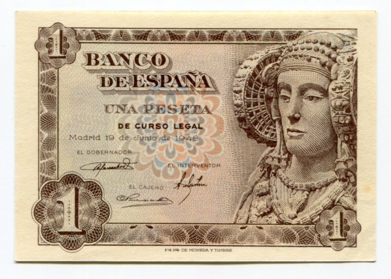 Spain 1 Peseta 1948
P# 135a, N# 202071; # M06548477; UNC