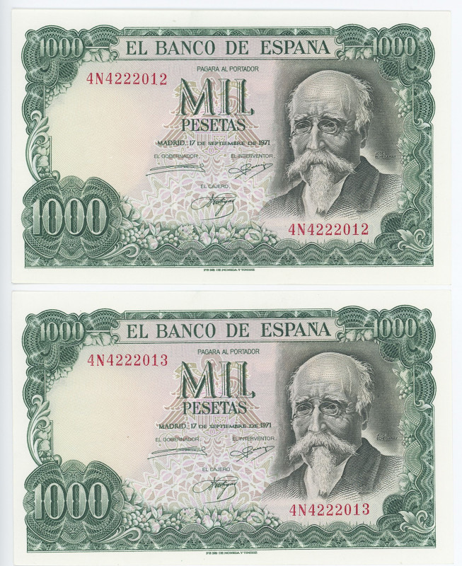 Spain 2 x 1000 Pesetas 1971 (1974) With Consecutive Numbers
P# 154, N# 205693; ...